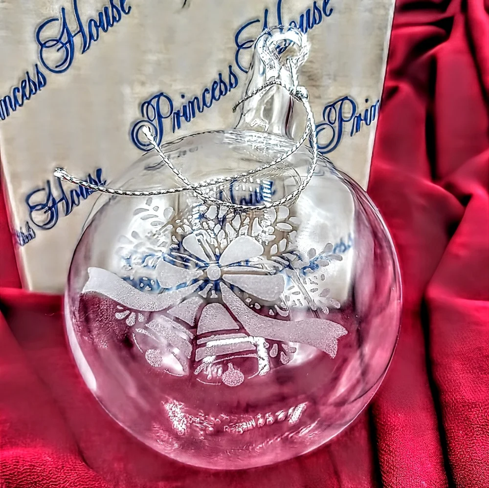 Princess House 408 Crystal Ornament Etched Bells Bow Handmade USA w Box Vintage